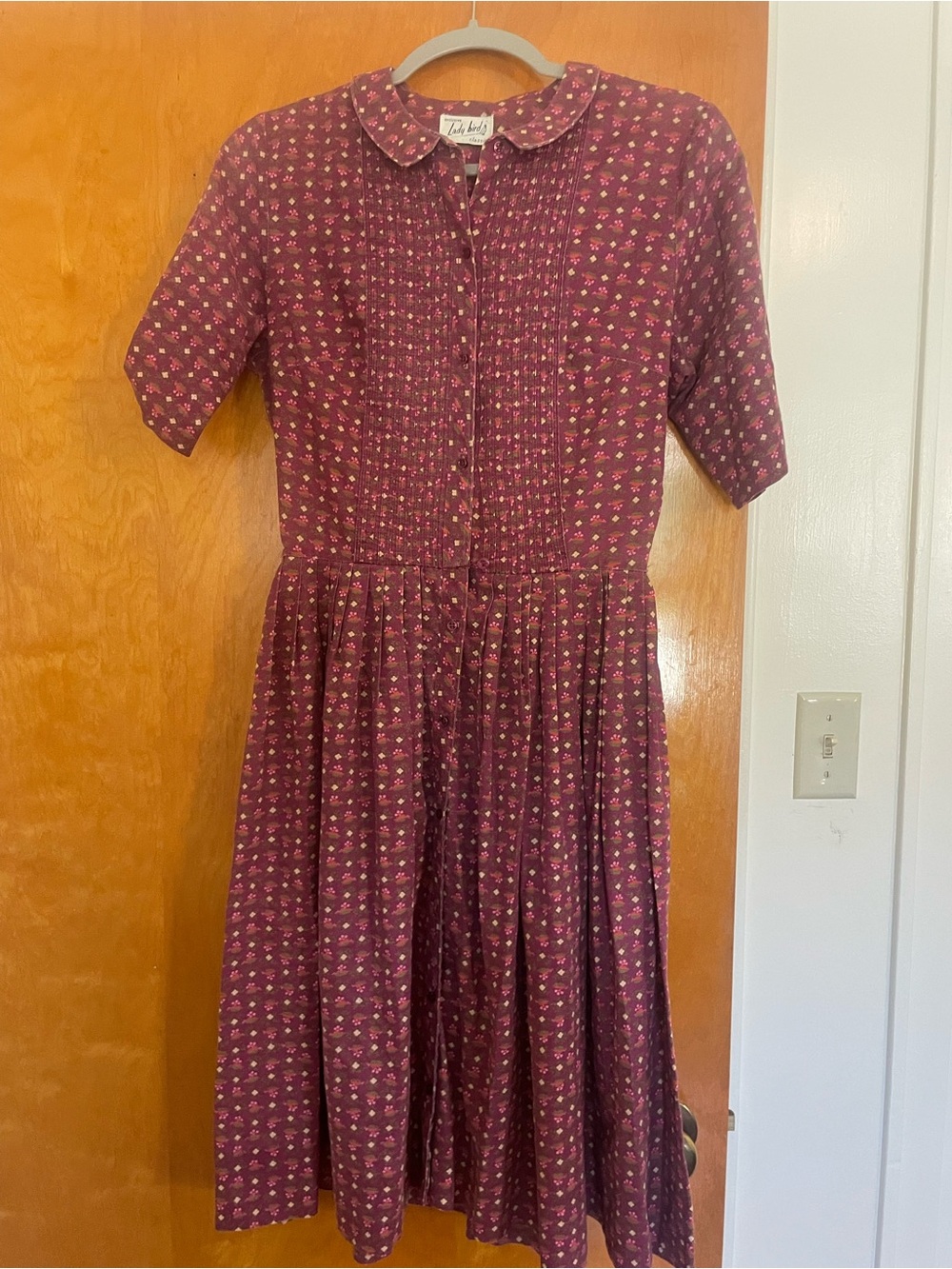 VINTAGE Lady Bird Classic Plum Floral Button-Front Dress short slv cotton print